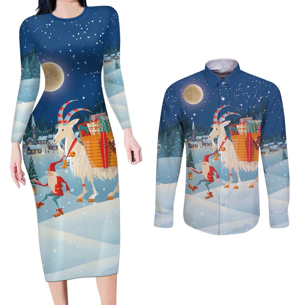 Sweden christmas Couples Matching Long Sleeve Bodycon Dress and Long Sleeve Button Shirt Scandinavian Tomte and Yule Goat Christmas - Wonder Print Shop