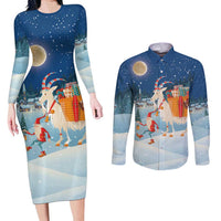 Sweden christmas Couples Matching Long Sleeve Bodycon Dress and Long Sleeve Button Shirt Scandinavian Tomte and Yule Goat Christmas - Wonder Print Shop