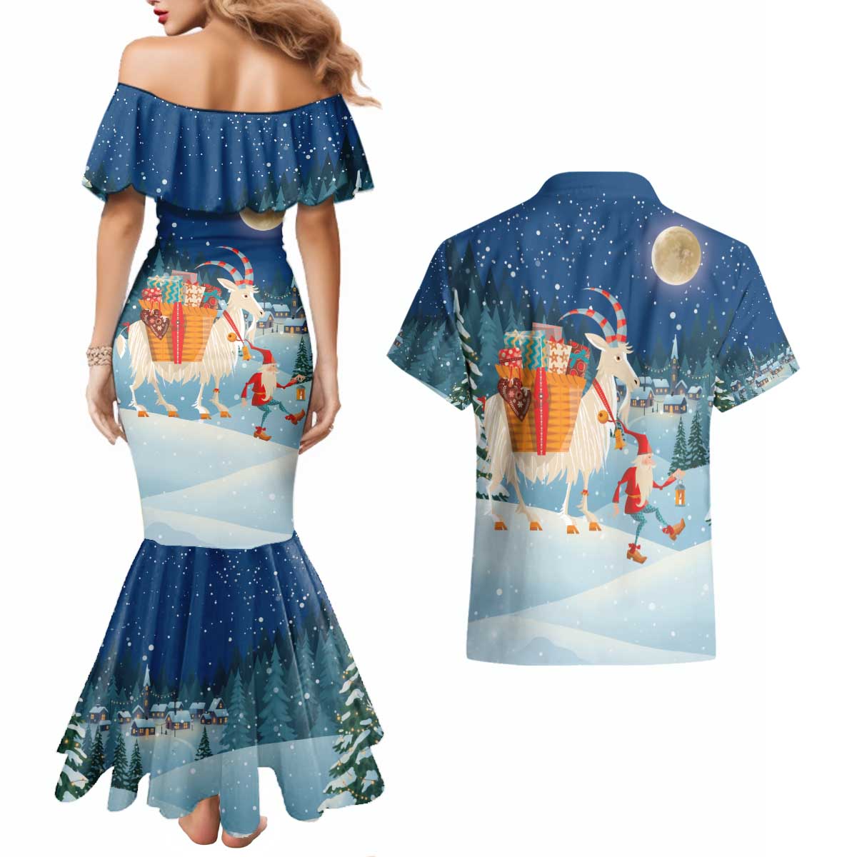 Sweden christmas Couples Matching Mermaid Dress and Hawaiian Shirt Scandinavian Tomte and Yule Goat Christmas - Wonder Print Shop