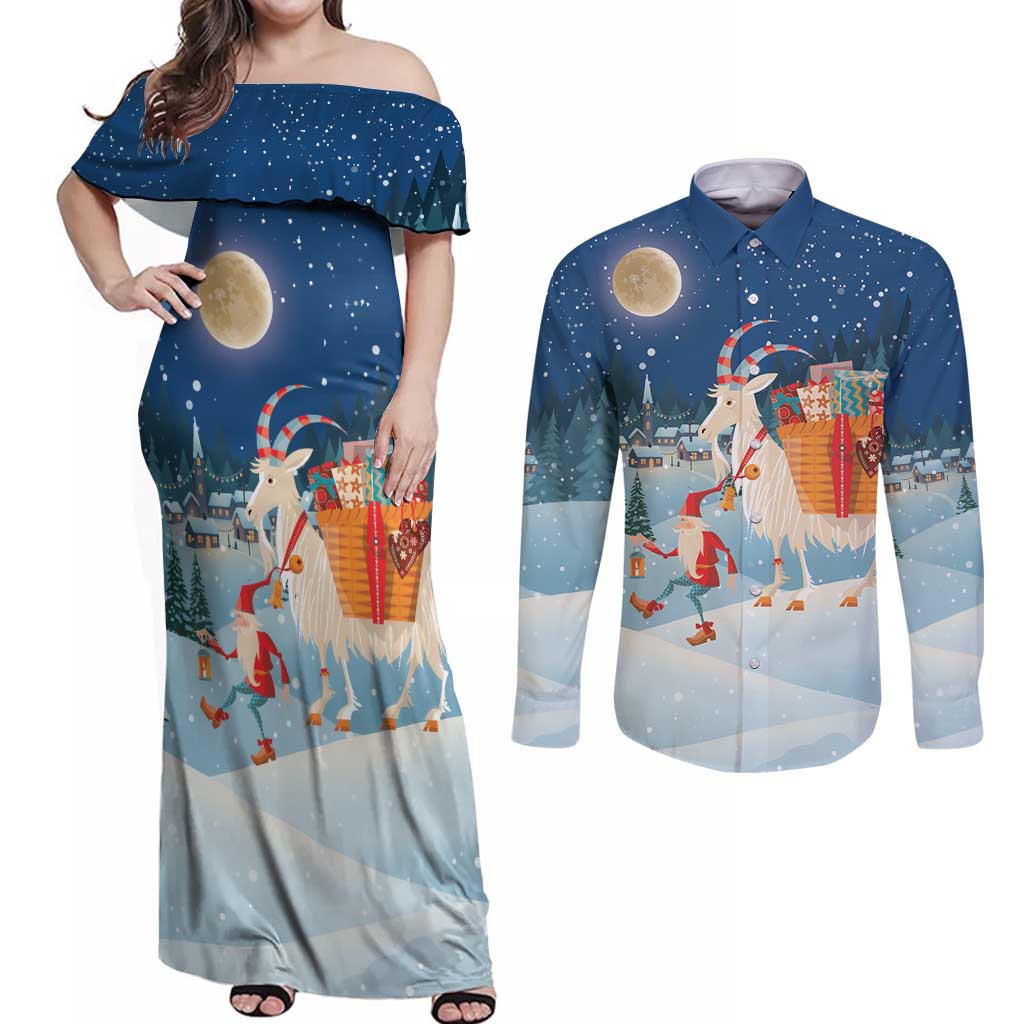 Sweden christmas Couples Matching Off Shoulder Maxi Dress and Long Sleeve Button Shirt Scandinavian Tomte and Yule Goat Christmas - Wonder Print Shop