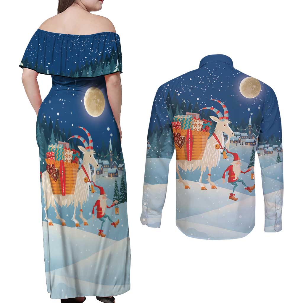 Sweden christmas Couples Matching Off Shoulder Maxi Dress and Long Sleeve Button Shirt Scandinavian Tomte and Yule Goat Christmas - Wonder Print Shop