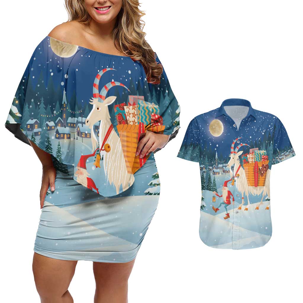 Sweden christmas Couples Matching Off Shoulder Short Dress and Hawaiian Shirt Scandinavian Tomte and Yule Goat Christmas - Wonder Print Shop