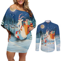 Sweden christmas Couples Matching Off Shoulder Short Dress and Long Sleeve Button Shirt Scandinavian Tomte and Yule Goat Christmas - Wonder Print Shop