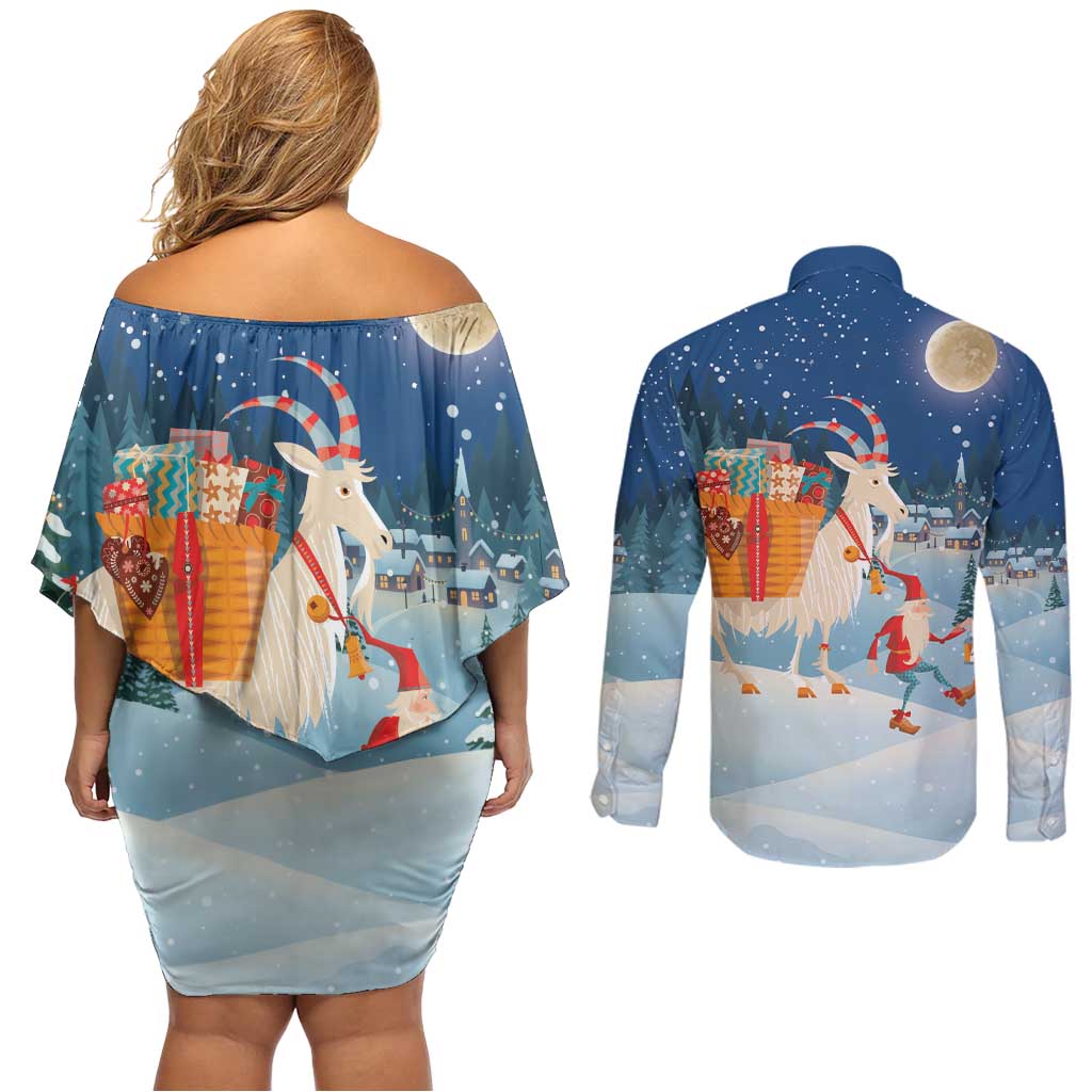 Sweden christmas Couples Matching Off Shoulder Short Dress and Long Sleeve Button Shirt Scandinavian Tomte and Yule Goat Christmas - Wonder Print Shop