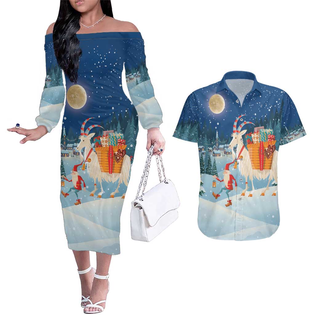 Sweden christmas Couples Matching Off The Shoulder Long Sleeve Dress and Hawaiian Shirt Scandinavian Tomte and Yule Goat Christmas - Wonder Print Shop