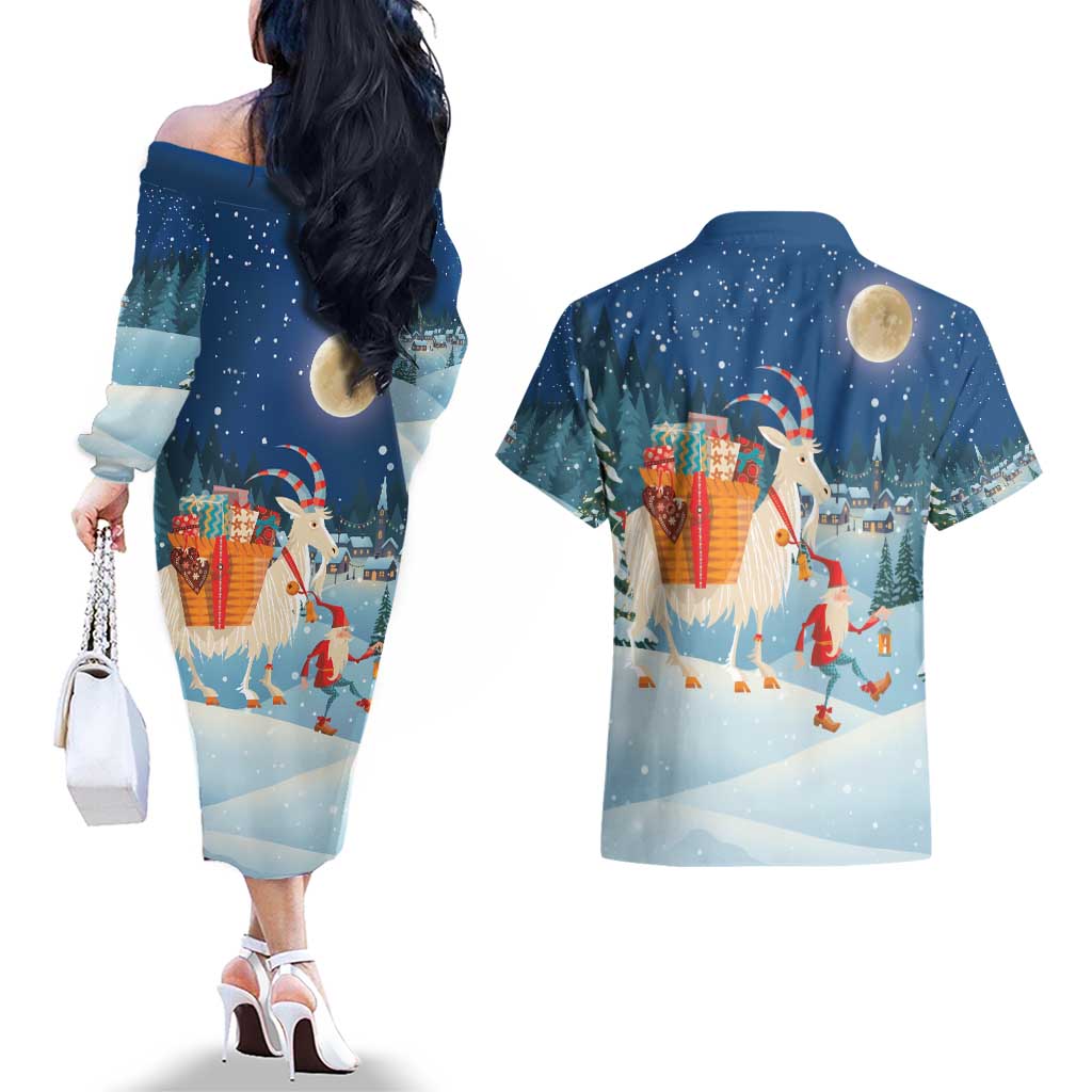 Sweden christmas Couples Matching Off The Shoulder Long Sleeve Dress and Hawaiian Shirt Scandinavian Tomte and Yule Goat Christmas - Wonder Print Shop