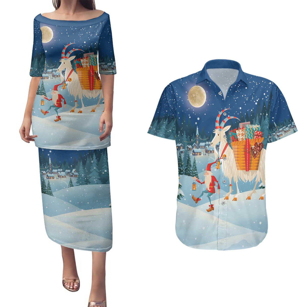 Sweden christmas Couples Matching Puletasi and Hawaiian Shirt Scandinavian Tomte and Yule Goat Christmas - Wonder Print Shop