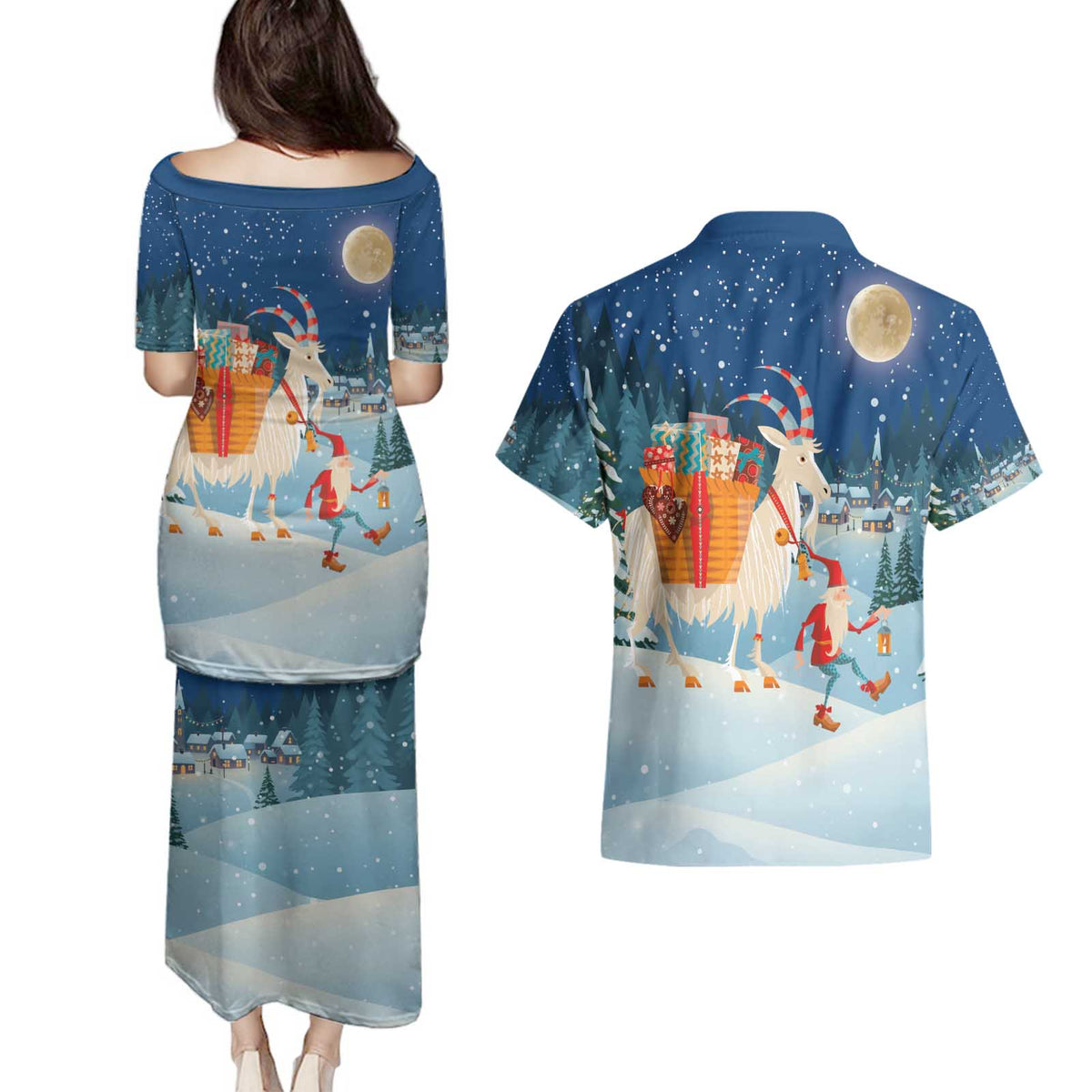 Sweden christmas Couples Matching Puletasi and Hawaiian Shirt Scandinavian Tomte and Yule Goat Christmas - Wonder Print Shop