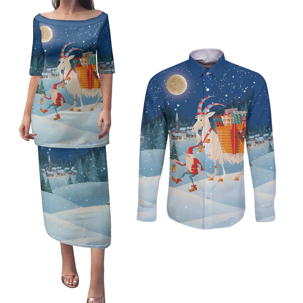 Sweden christmas Couples Matching Puletasi and Long Sleeve Button Shirt Scandinavian Tomte and Yule Goat Christmas - Wonder Print Shop
