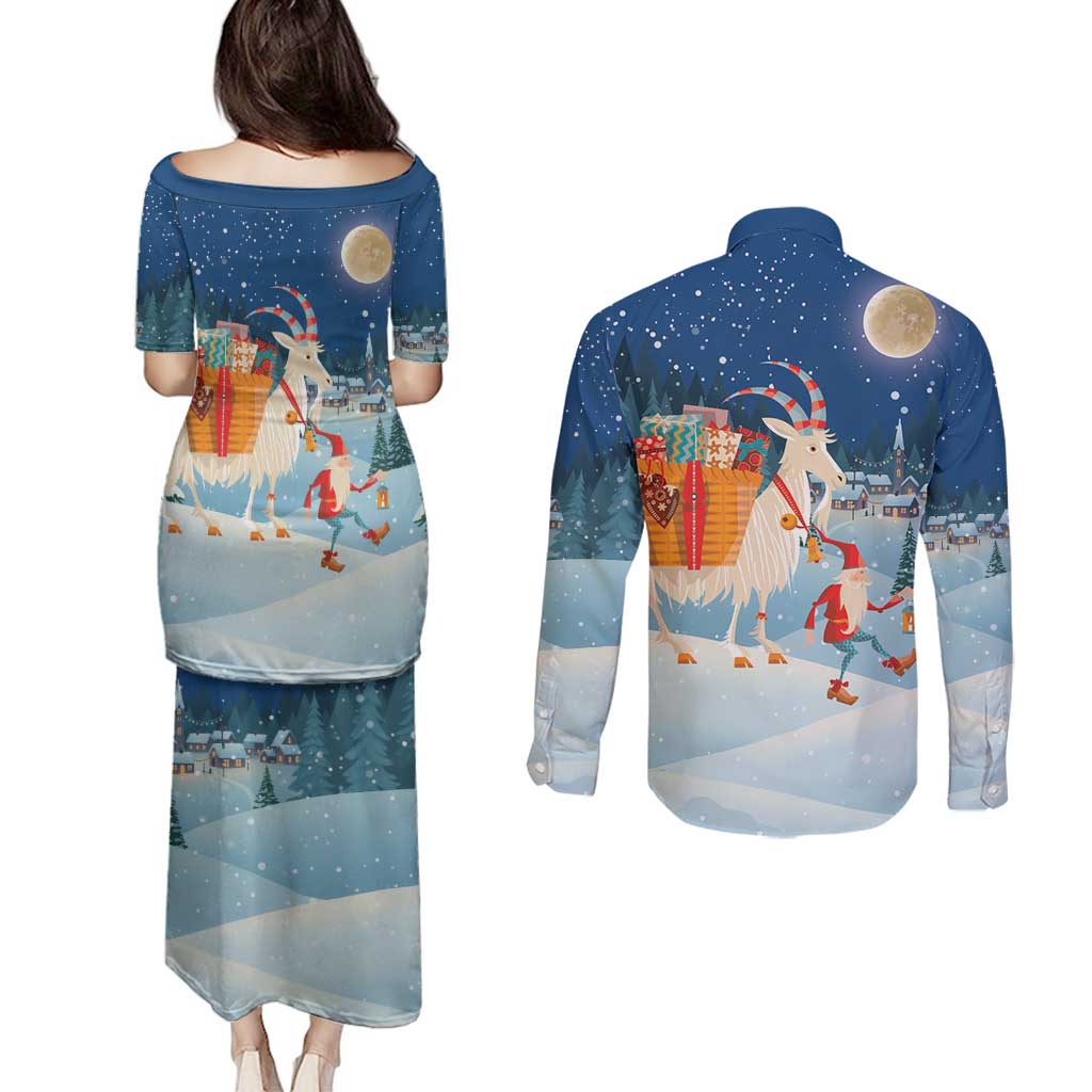 Sweden christmas Couples Matching Puletasi and Long Sleeve Button Shirt Scandinavian Tomte and Yule Goat Christmas - Wonder Print Shop