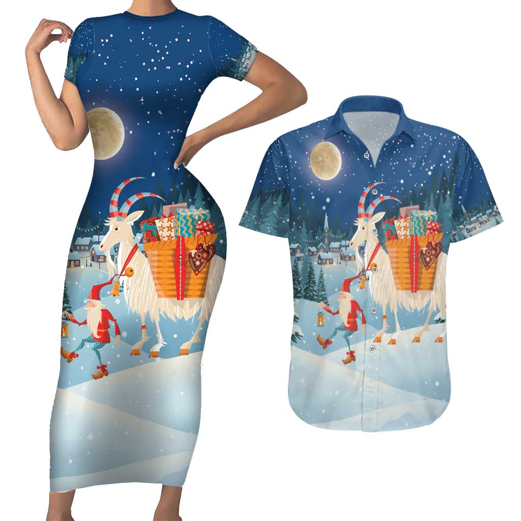 Sweden christmas Couples Matching Short Sleeve Bodycon Dress and Hawaiian Shirt Scandinavian Tomte and Yule Goat Christmas - Wonder Print Shop