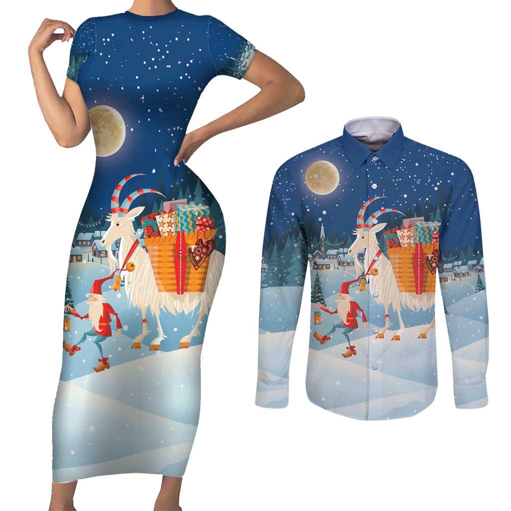 Sweden christmas Couples Matching Short Sleeve Bodycon Dress and Long Sleeve Button Shirt Scandinavian Tomte and Yule Goat Christmas - Wonder Print Shop