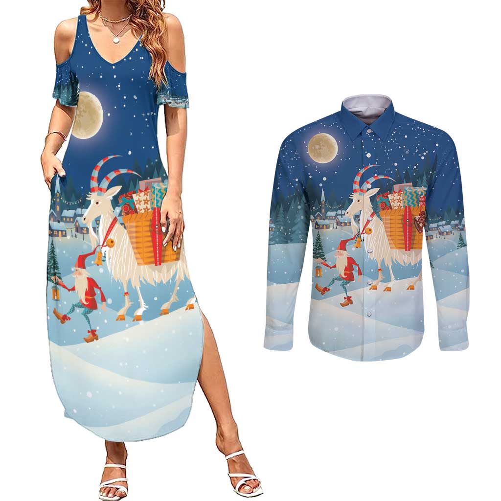 Sweden christmas Couples Matching Summer Maxi Dress and Long Sleeve Button Shirt Scandinavian Tomte and Yule Goat Christmas - Wonder Print Shop