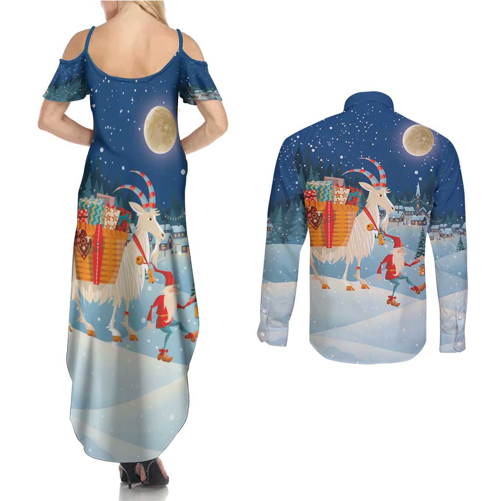 Sweden christmas Couples Matching Summer Maxi Dress and Long Sleeve Button Shirt Scandinavian Tomte and Yule Goat Christmas - Wonder Print Shop