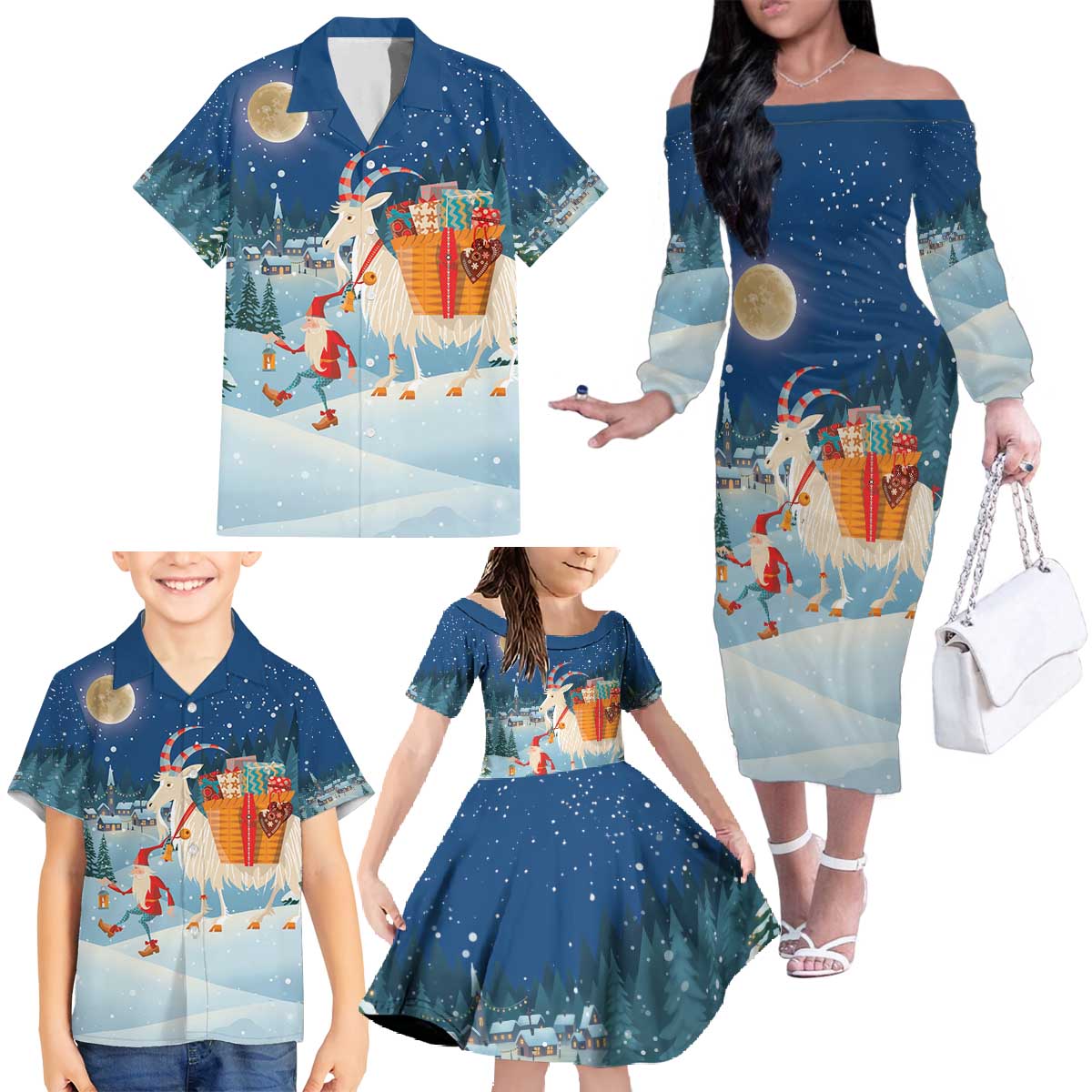Sweden christmas Family Matching Off The Shoulder Long Sleeve Dress and Hawaiian Shirt Scandinavian Tomte and Yule Goat Christmas - Wonder Print Shop