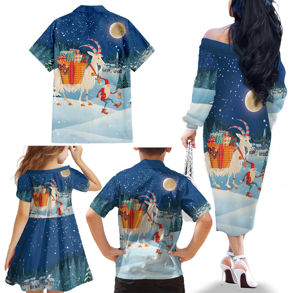 Sweden christmas Family Matching Off The Shoulder Long Sleeve Dress and Hawaiian Shirt Scandinavian Tomte and Yule Goat Christmas - Wonder Print Shop