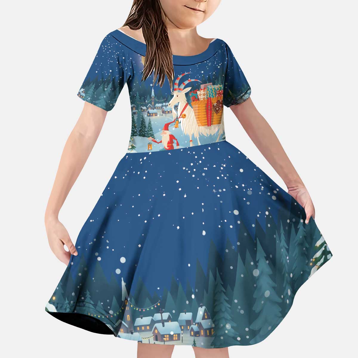 Sweden christmas Kid Short Sleeve Dress Scandinavian Tomte and Yule Goat Christmas - Wonder Print Shop