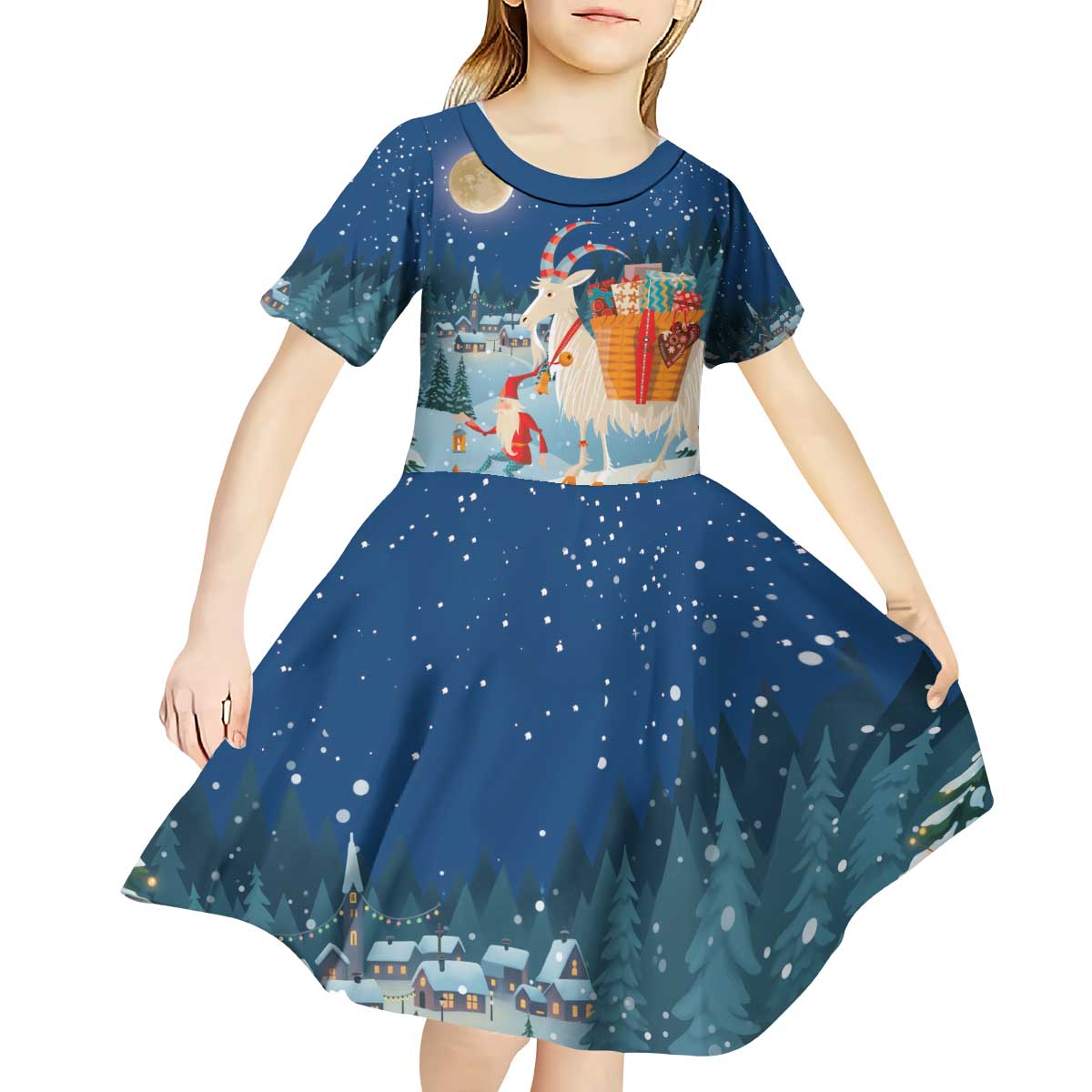 Sweden christmas Kid Short Sleeve Dress Scandinavian Tomte and Yule Goat Christmas - Wonder Print Shop