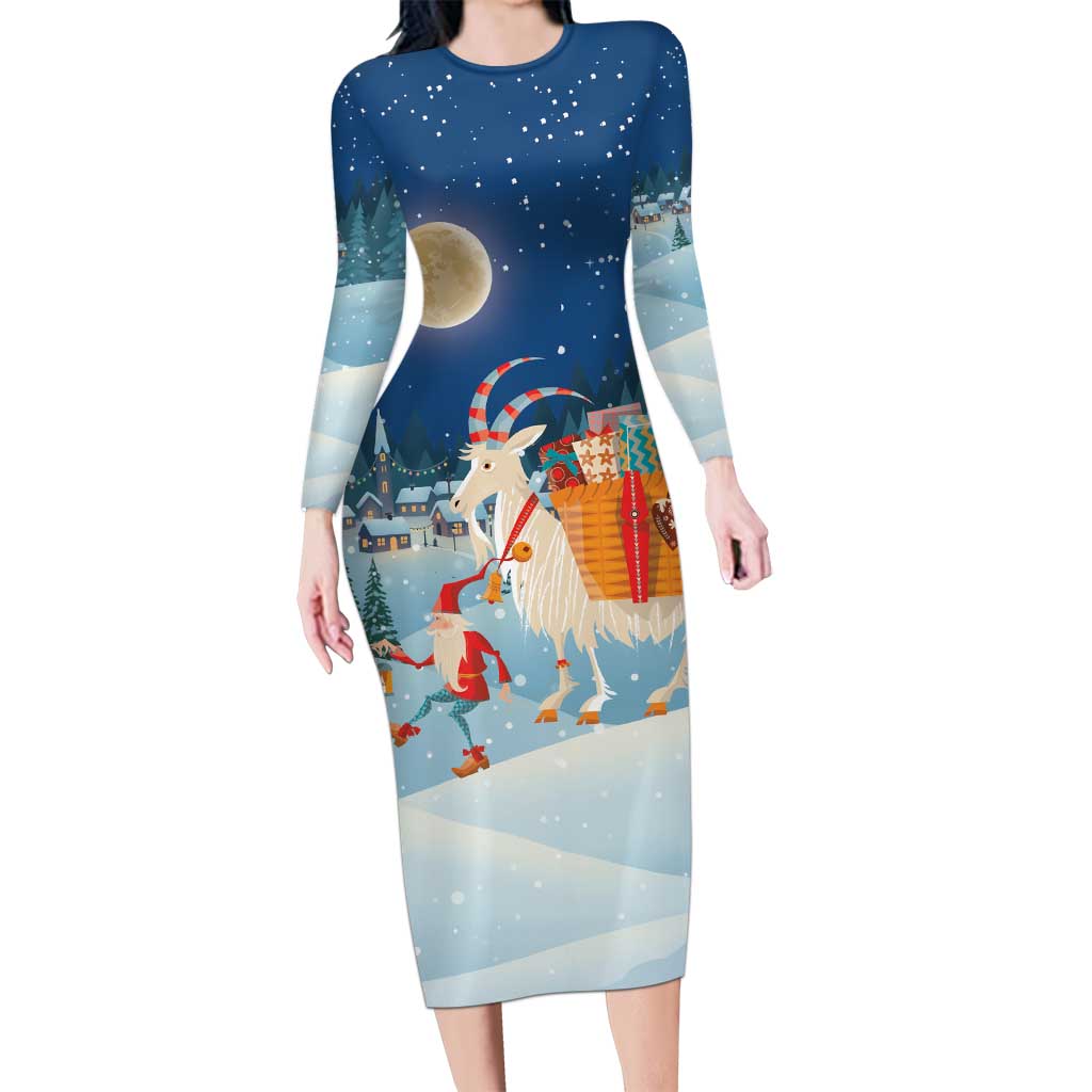 Sweden christmas Long Sleeve Bodycon Dress Scandinavian Tomte and Yule Goat Christmas - Wonder Print Shop
