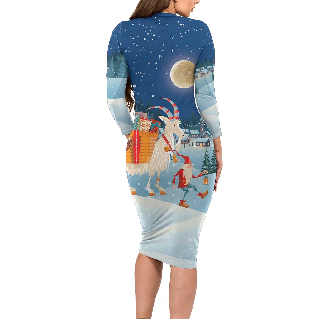 Sweden christmas Long Sleeve Bodycon Dress Scandinavian Tomte and Yule Goat Christmas - Wonder Print Shop