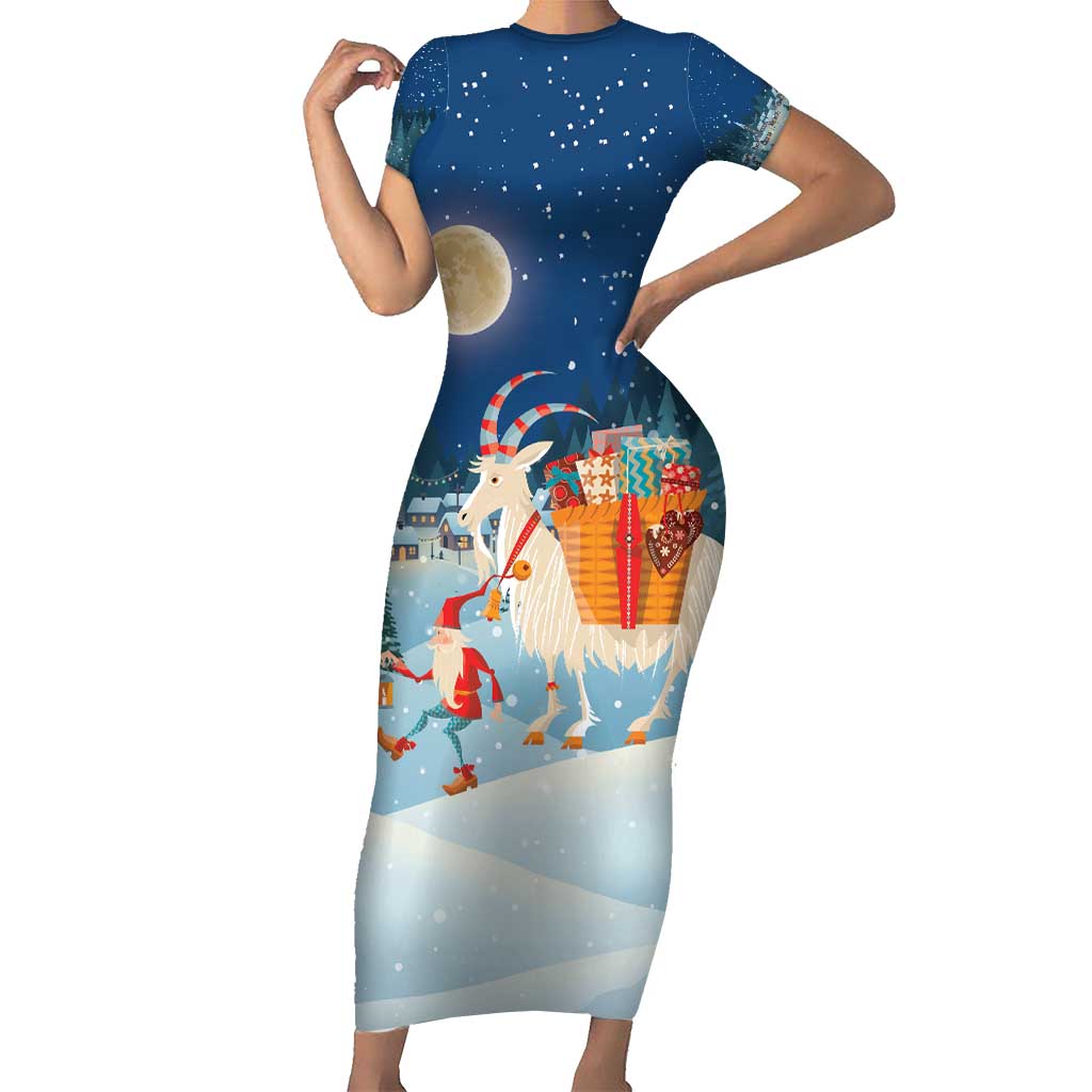 Sweden christmas Short Sleeve Bodycon Dress Scandinavian Tomte and Yule Goat Christmas - Wonder Print Shop