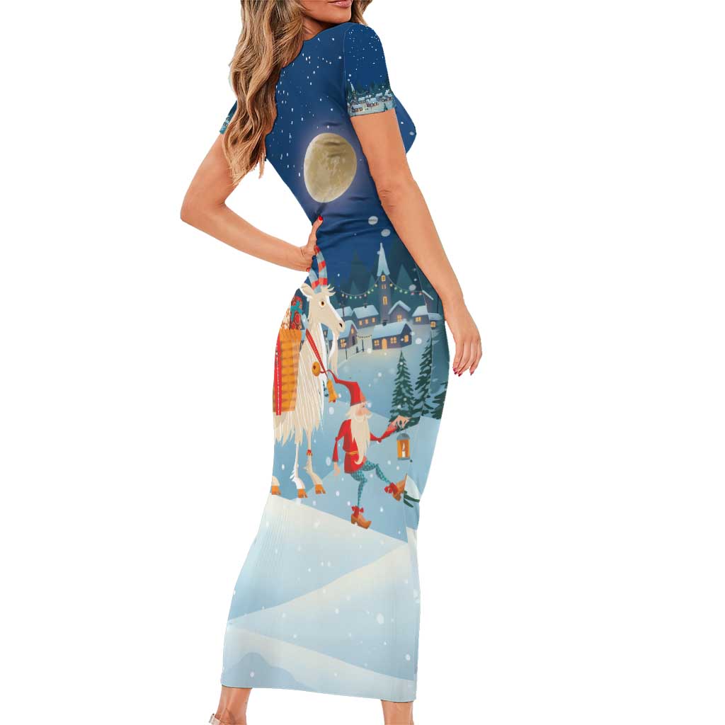 Sweden christmas Short Sleeve Bodycon Dress Scandinavian Tomte and Yule Goat Christmas - Wonder Print Shop