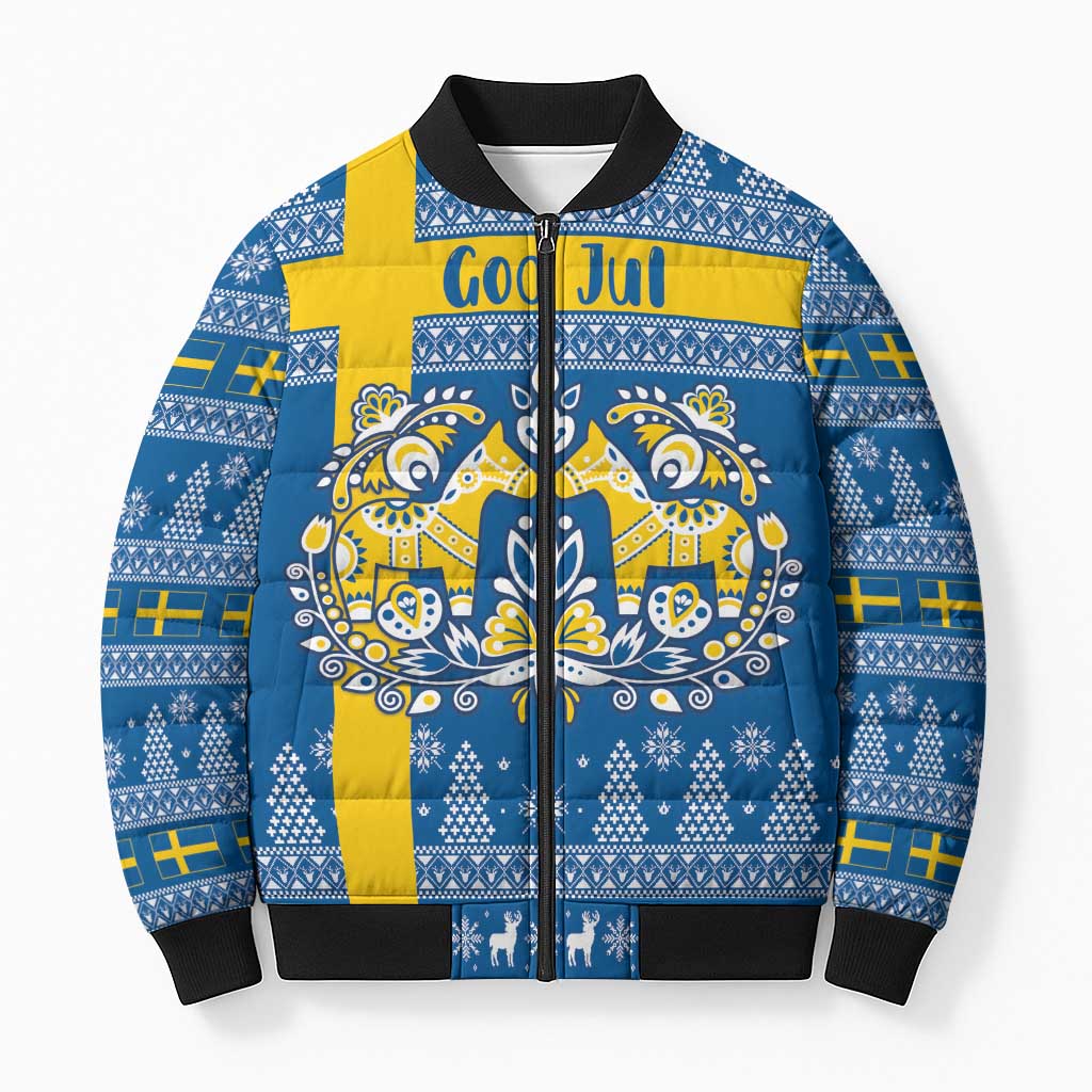 Sweden Christmas Personalized Bomber Puffer Jacket Dala Horse God Jul - Wonder Print Shop
