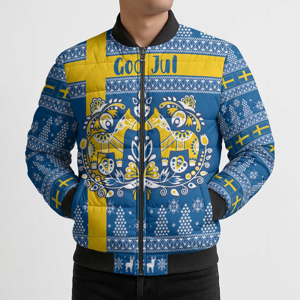 Sweden Christmas Personalized Bomber Puffer Jacket Dala Horse God Jul - Wonder Print Shop