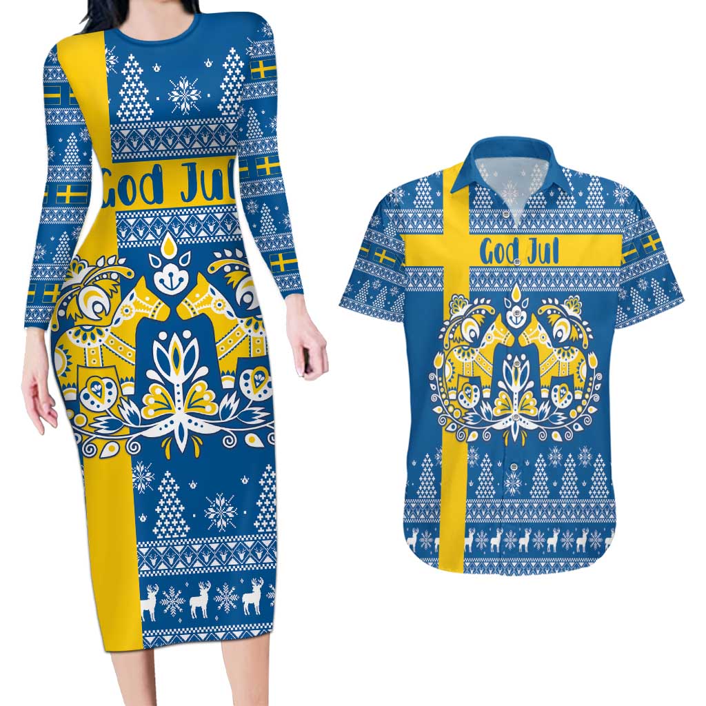 Sweden Christmas Personalized Couples Matching Long Sleeve Bodycon Dress and Hawaiian Shirt Dala Horse God Jul - Wonder Print Shop