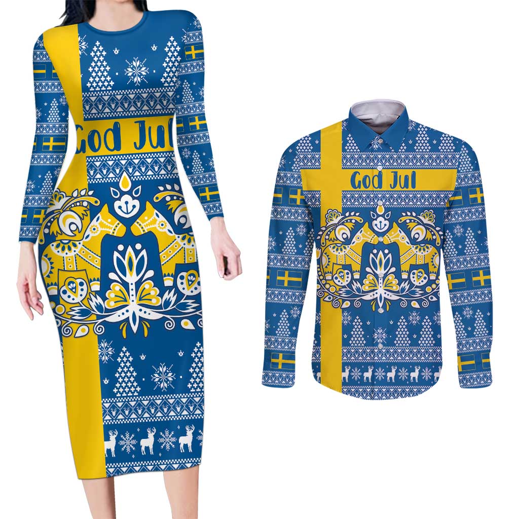 Sweden Christmas Personalized Couples Matching Long Sleeve Bodycon Dress and Long Sleeve Button Shirt Dala Horse God Jul - Wonder Print Shop