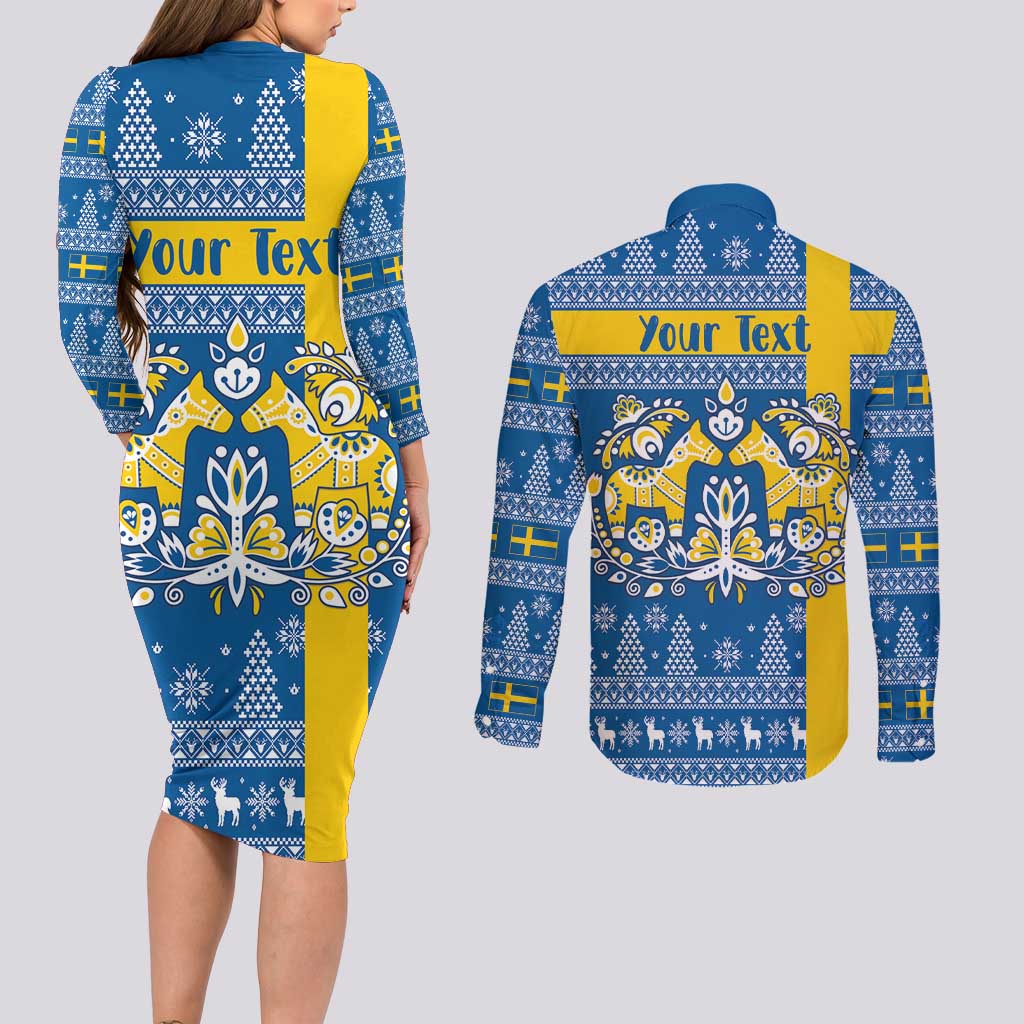 Sweden Christmas Personalized Couples Matching Long Sleeve Bodycon Dress and Long Sleeve Button Shirt Dala Horse God Jul - Wonder Print Shop