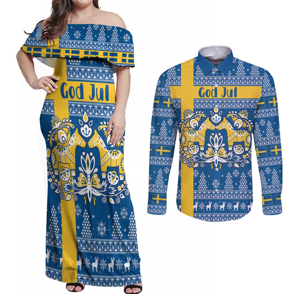 Sweden Christmas Personalized Couples Matching Off Shoulder Maxi Dress and Long Sleeve Button Shirt Dala Horse God Jul - Wonder Print Shop