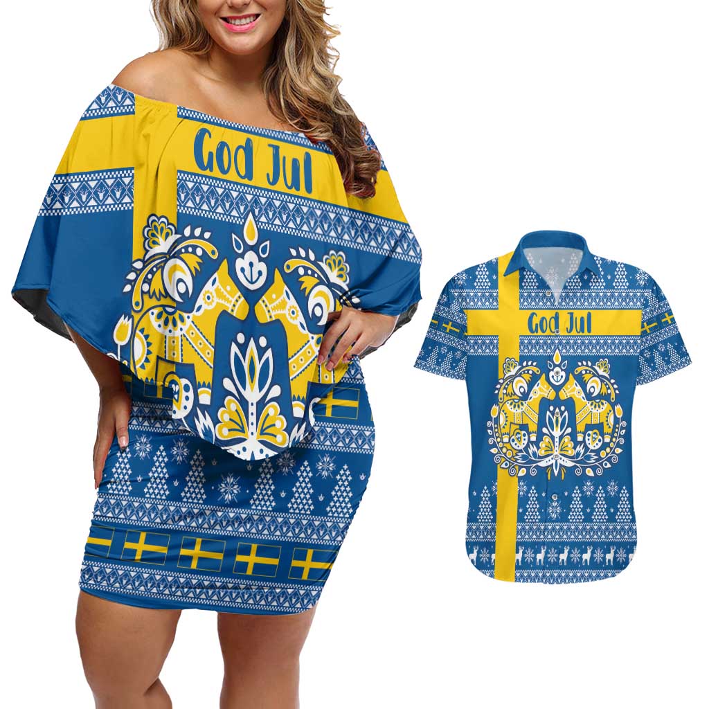 Sweden Christmas Personalized Couples Matching Off Shoulder Short Dress and Hawaiian Shirt Dala Horse God Jul - Wonder Print Shop