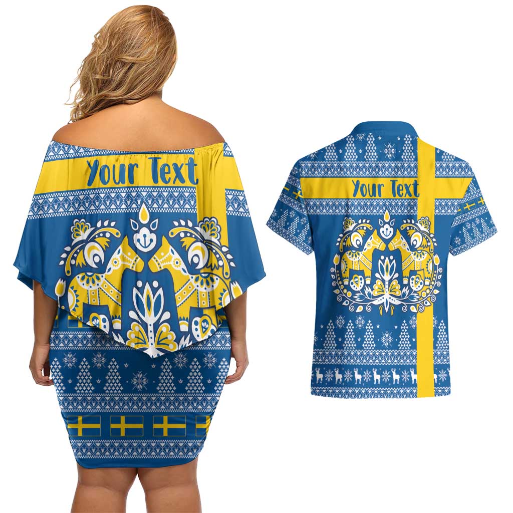 Sweden Christmas Personalized Couples Matching Off Shoulder Short Dress and Hawaiian Shirt Dala Horse God Jul - Wonder Print Shop