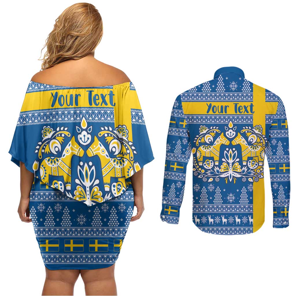 Sweden Christmas Personalized Couples Matching Off Shoulder Short Dress and Long Sleeve Button Shirt Dala Horse God Jul - Wonder Print Shop