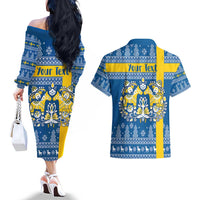 Sweden Christmas Personalized Couples Matching Off The Shoulder Long Sleeve Dress and Hawaiian Shirt Dala Horse God Jul - Wonder Print Shop