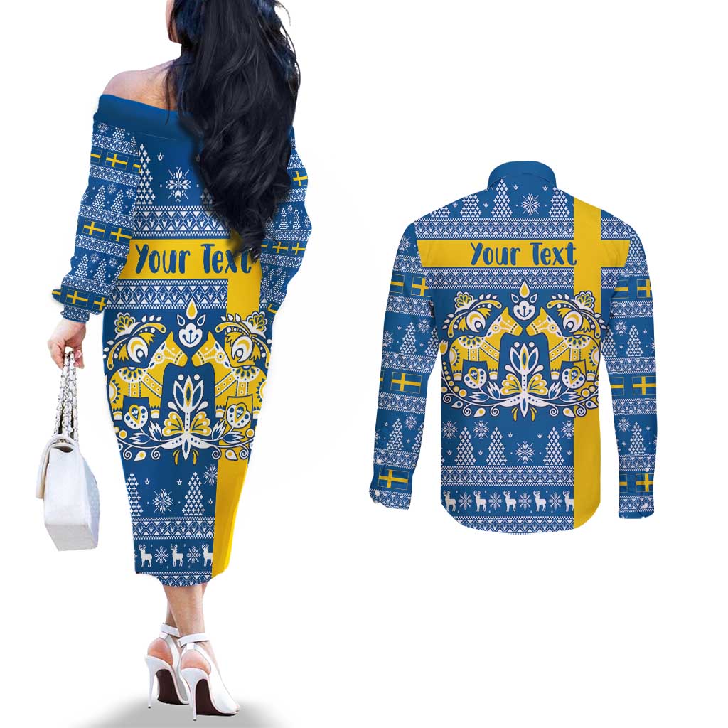 Sweden Christmas Personalized Couples Matching Off The Shoulder Long Sleeve Dress and Long Sleeve Button Shirt Dala Horse God Jul - Wonder Print Shop