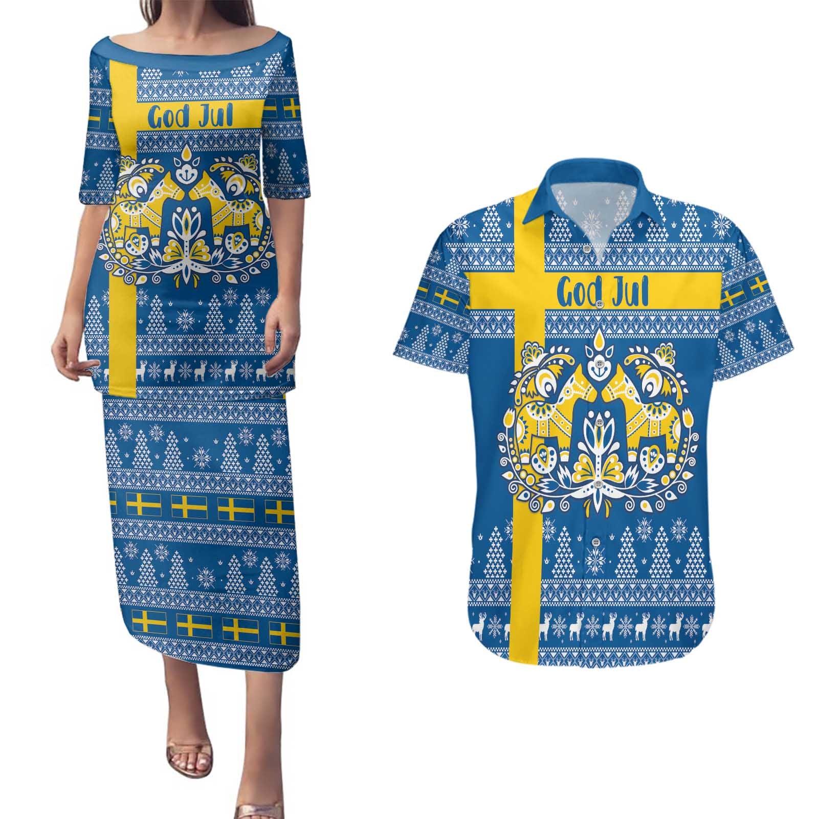 Sweden Christmas Personalized Couples Matching Puletasi and Hawaiian Shirt Dala Horse God Jul - Wonder Print Shop