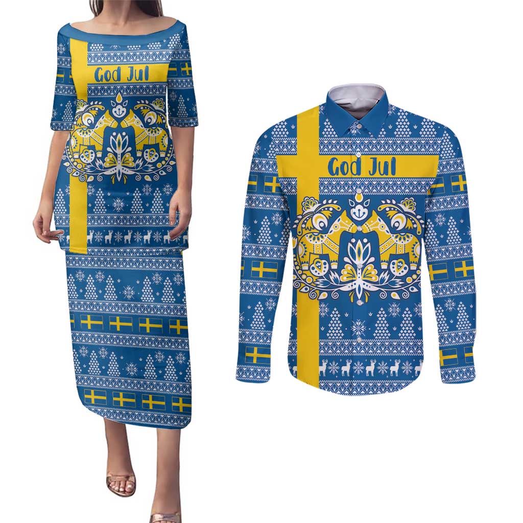 Sweden Christmas Personalized Couples Matching Puletasi and Long Sleeve Button Shirt Dala Horse God Jul - Wonder Print Shop