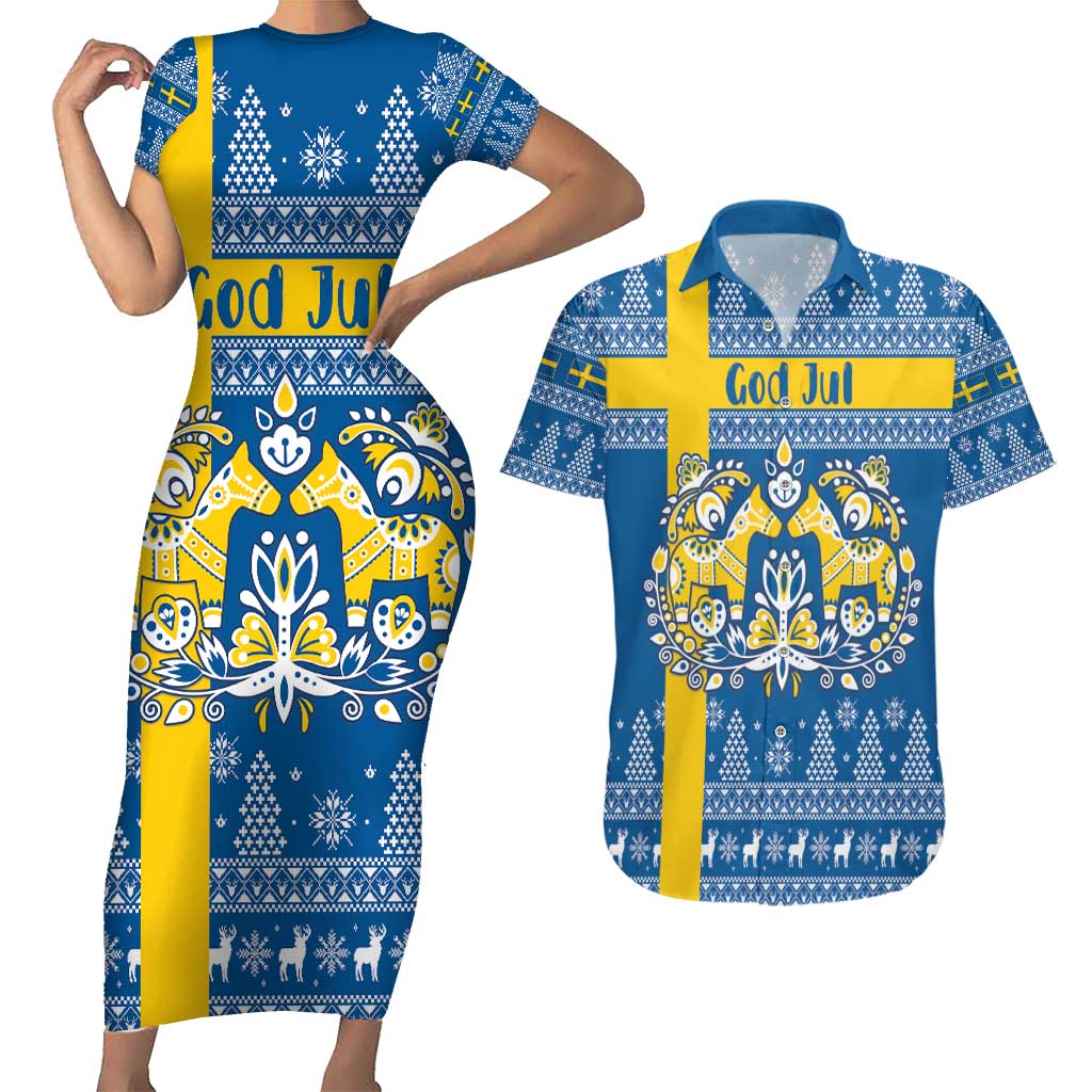 Sweden Christmas Personalized Couples Matching Short Sleeve Bodycon Dress and Hawaiian Shirt Dala Horse God Jul - Wonder Print Shop