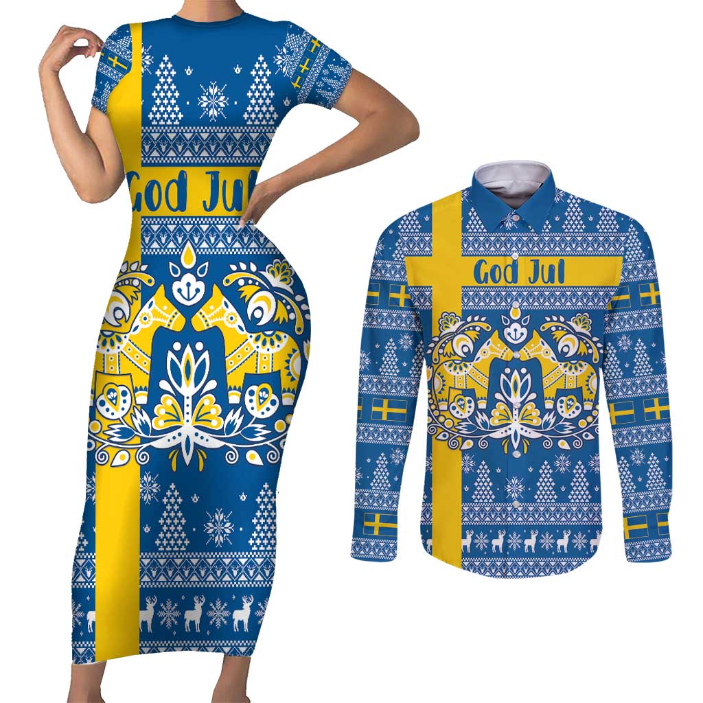 Sweden Christmas Personalized Couples Matching Short Sleeve Bodycon Dress and Long Sleeve Button Shirt Dala Horse God Jul - Wonder Print Shop