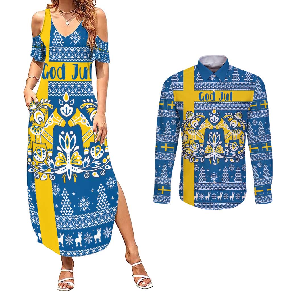 Sweden Christmas Personalized Couples Matching Summer Maxi Dress and Long Sleeve Button Shirt Dala Horse God Jul - Wonder Print Shop
