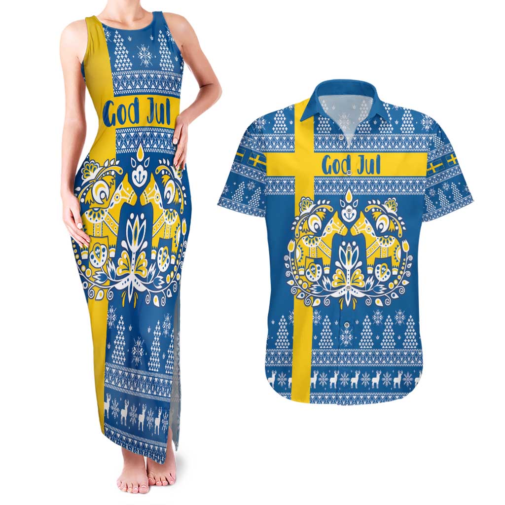 Sweden Christmas Personalized Couples Matching Tank Maxi Dress and Hawaiian Shirt Dala Horse God Jul - Wonder Print Shop