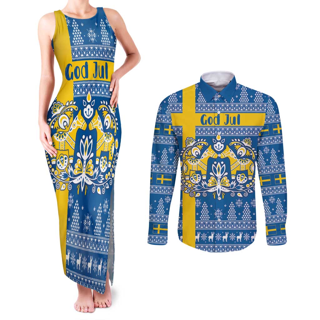Sweden Christmas Personalized Couples Matching Tank Maxi Dress and Long Sleeve Button Shirt Dala Horse God Jul - Wonder Print Shop