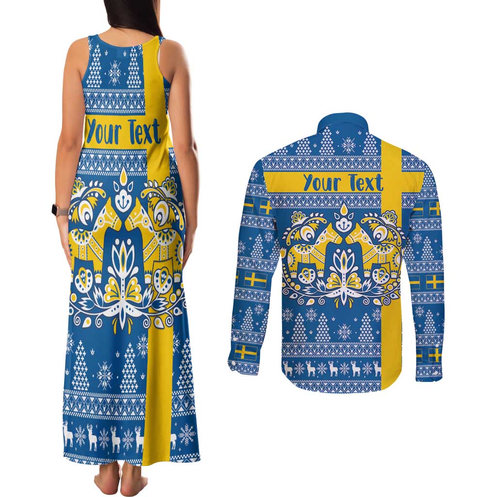 Sweden Christmas Personalized Couples Matching Tank Maxi Dress and Long Sleeve Button Shirt Dala Horse God Jul - Wonder Print Shop