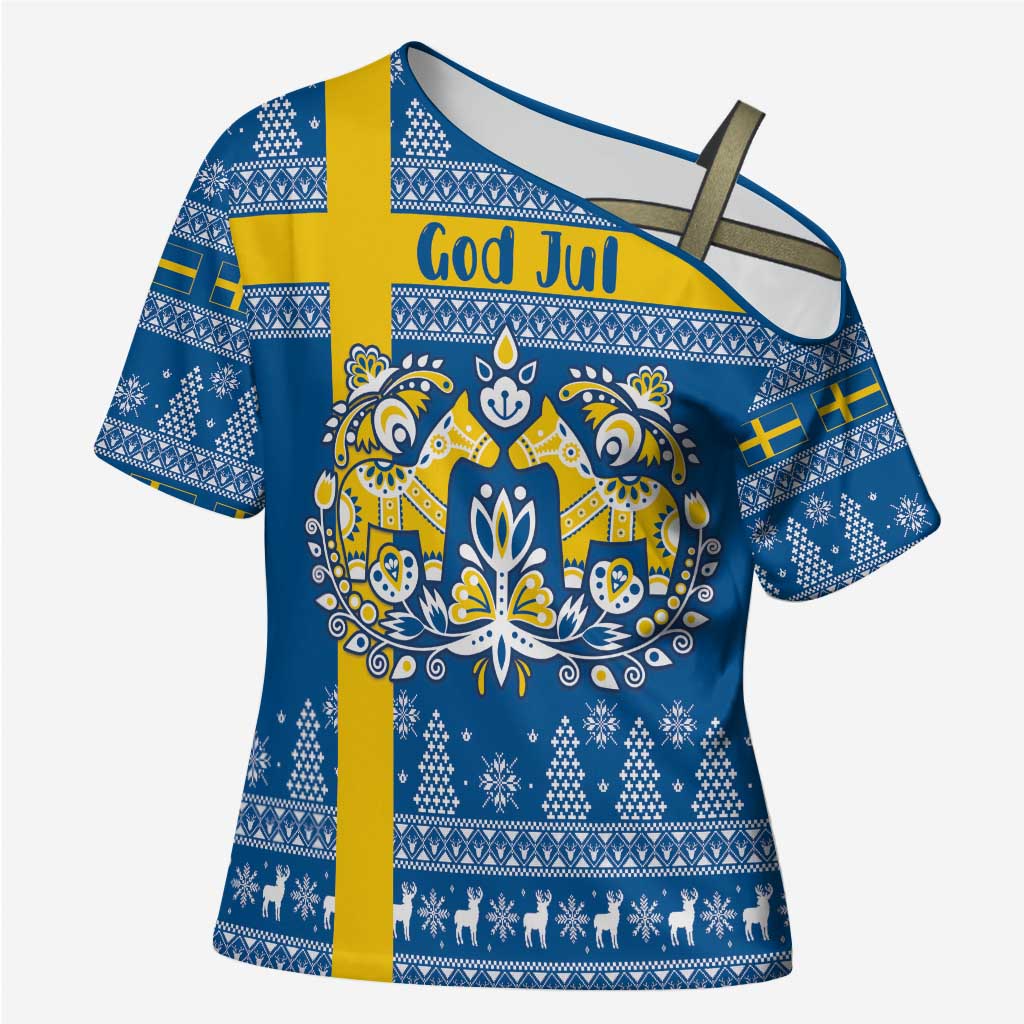 Sweden Christmas Personalized Cross Shoulder Shirt Dala Horse God Jul - Wonder Print Shop