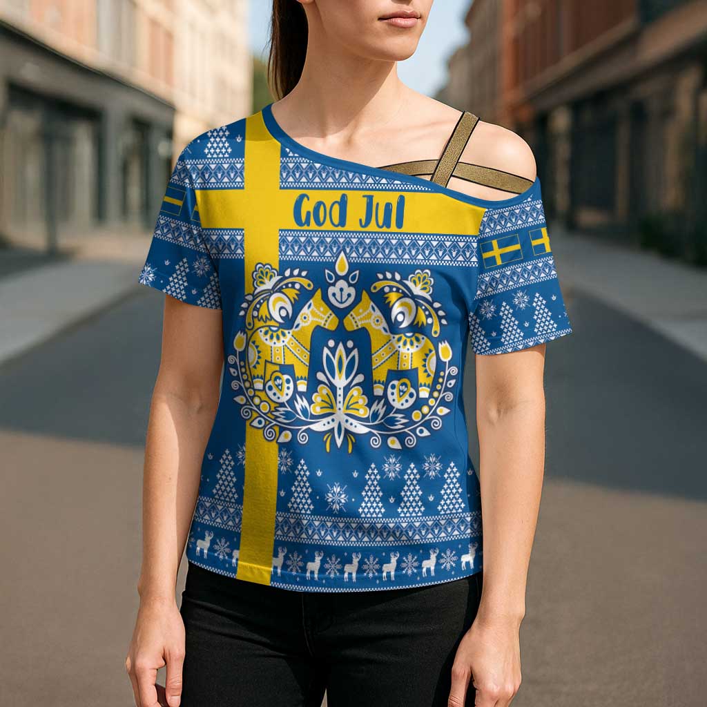 Sweden Christmas Personalized Cross Shoulder Shirt Dala Horse God Jul - Wonder Print Shop