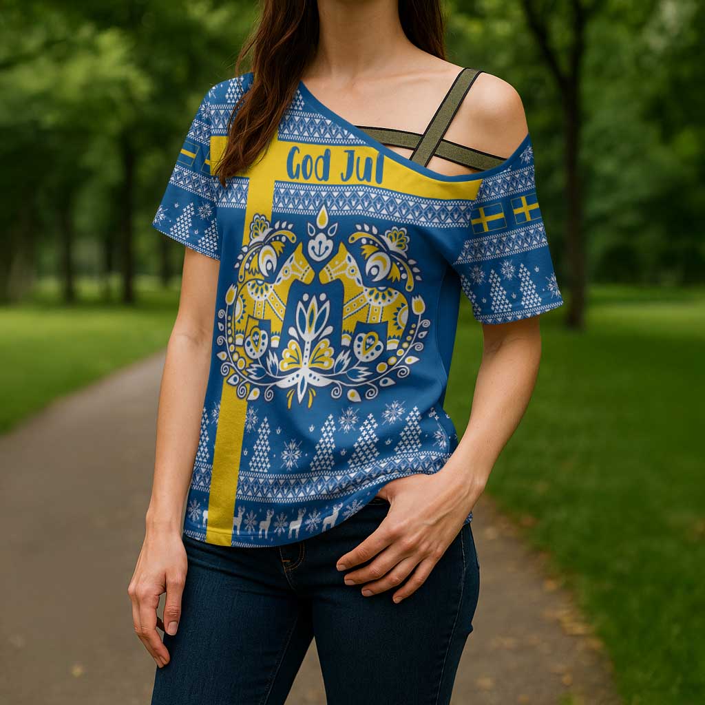 Sweden Christmas Personalized Cross Shoulder Shirt Dala Horse God Jul - Wonder Print Shop