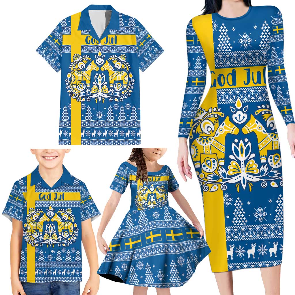 Sweden Christmas Personalized Family Matching Long Sleeve Bodycon Dress and Hawaiian Shirt Dala Horse God Jul - Wonder Print Shop