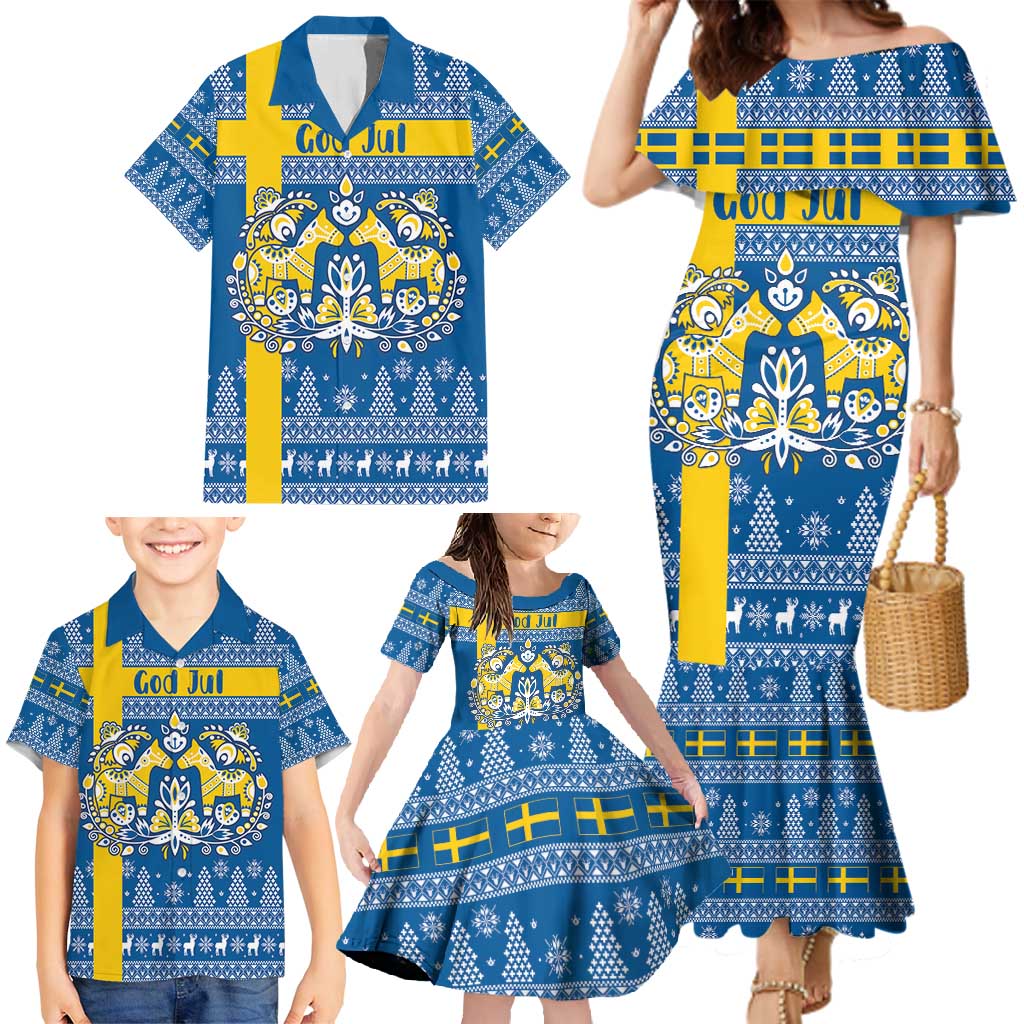 Sweden Christmas Personalized Family Matching Mermaid Dress and Hawaiian Shirt Dala Horse God Jul - Wonder Print Shop